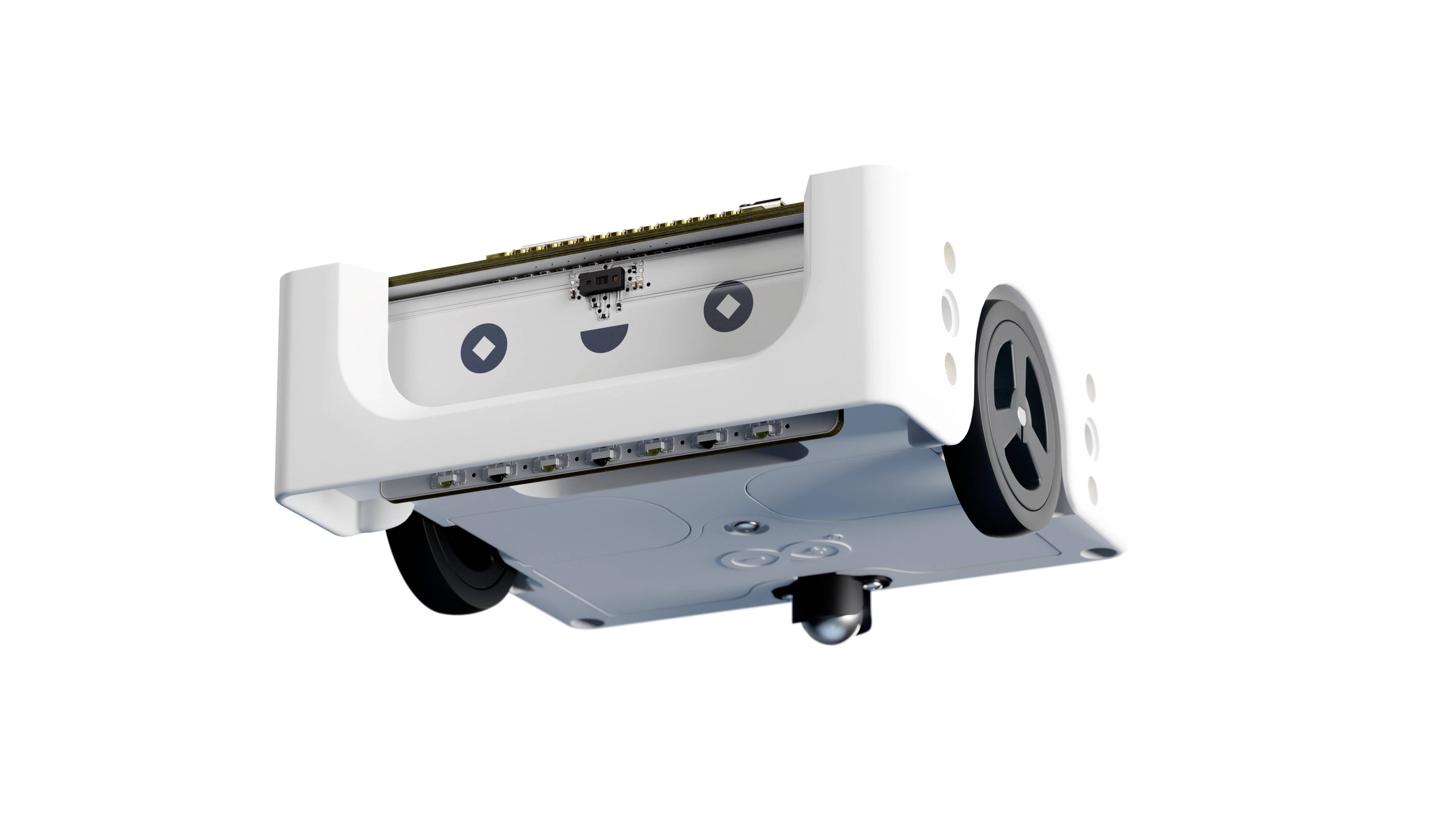 Een kleine, witte robot met vier wielen en sensoren aan de onderkant, geschikt voor programmeer- en leerdoeleinden in het onderwijs.