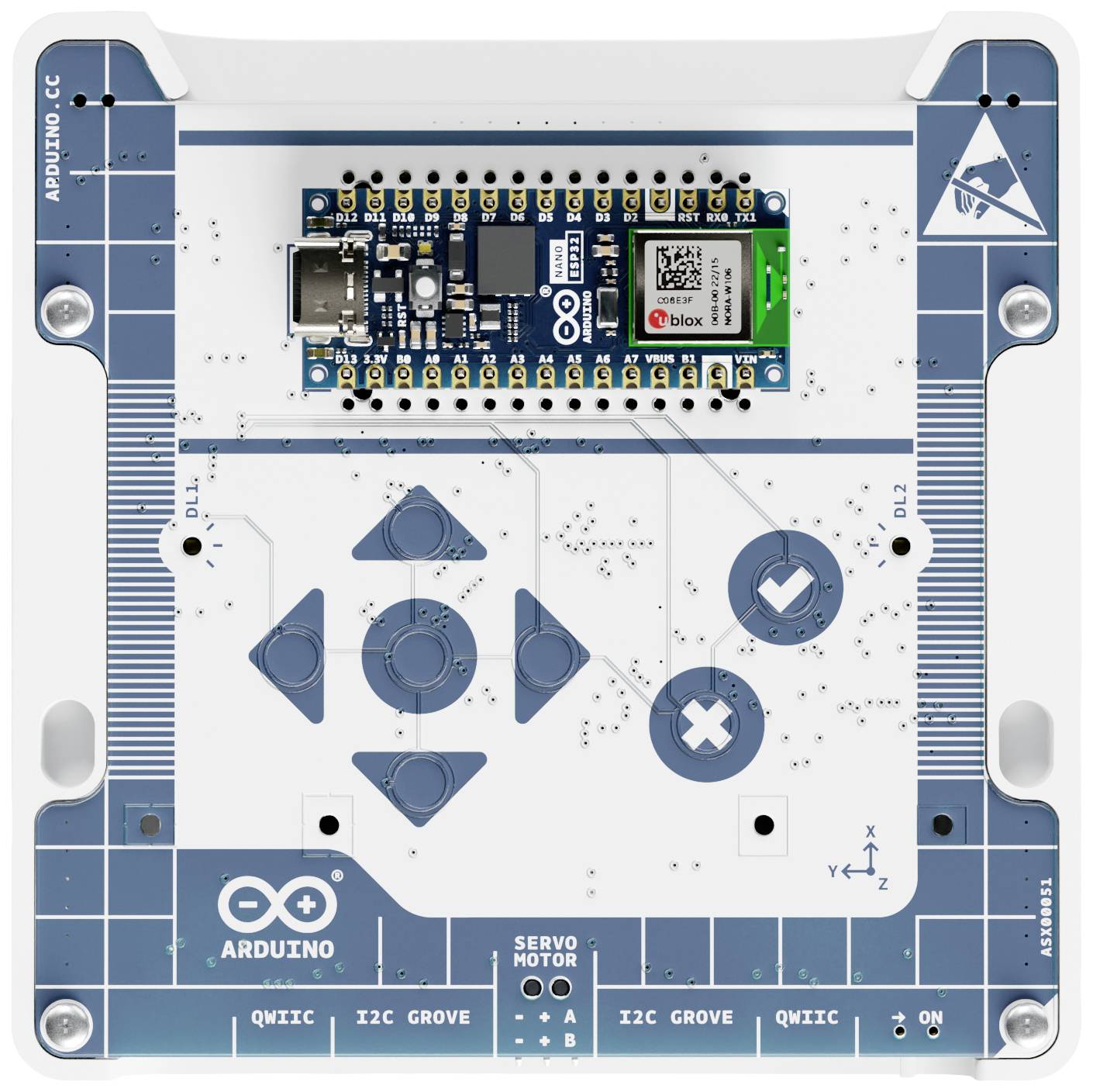 'Arduino-board bekeken van bovenaf met meerdere aansluitingen en een USB-poort. Gedrukte grafische symbolen en labels.'
