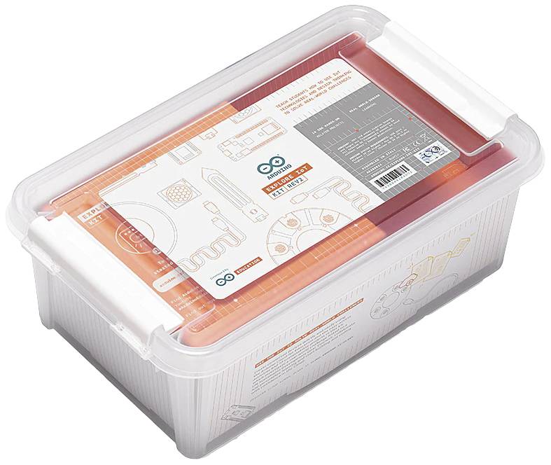 Een transparante kunststof doos met een Arduino-set dat handleidingen en elektronische componenten bevat, herkenbaar aan het Arduino-logo.