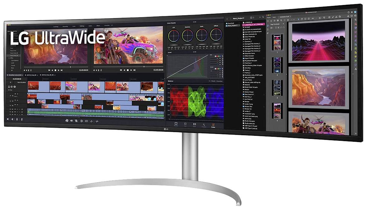 LG UltraWide Monitor, toont videobewerkingssoftware met meerdere videoclips aan de linkerkant en beeldbewerking aan de rechterkant.