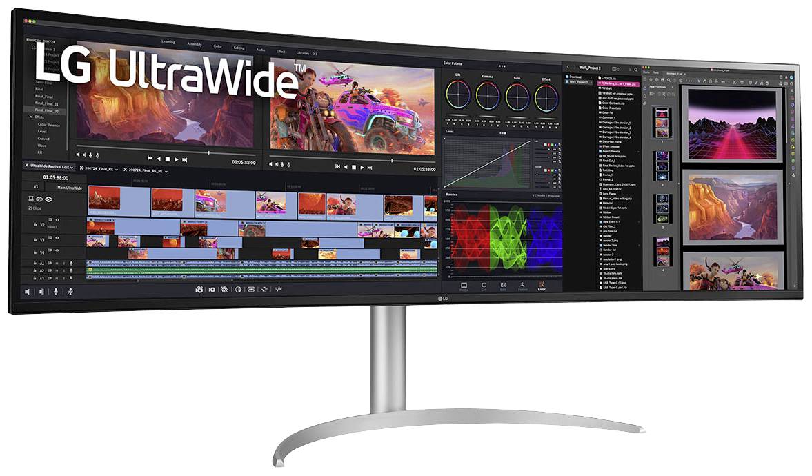 Een ultra-brede monitor van LG toont een complexe videobewerkingssoftware met meerdere kleurcorrectie- en bewerkingsvensters.