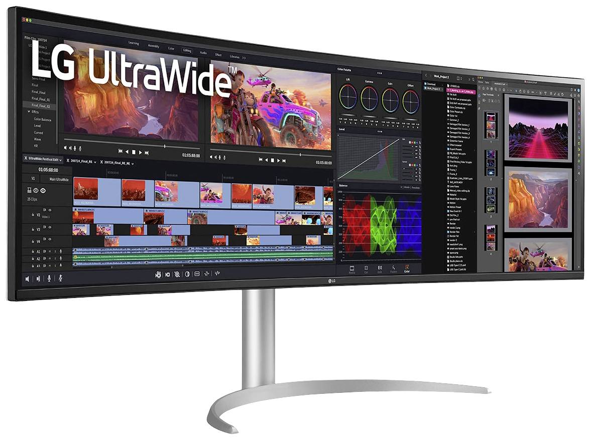 Een ultrabreed LG-scherm toont een complexe videobewerkingssoftware met meerdere vensters, gekleurde diagrammen en videoclips.