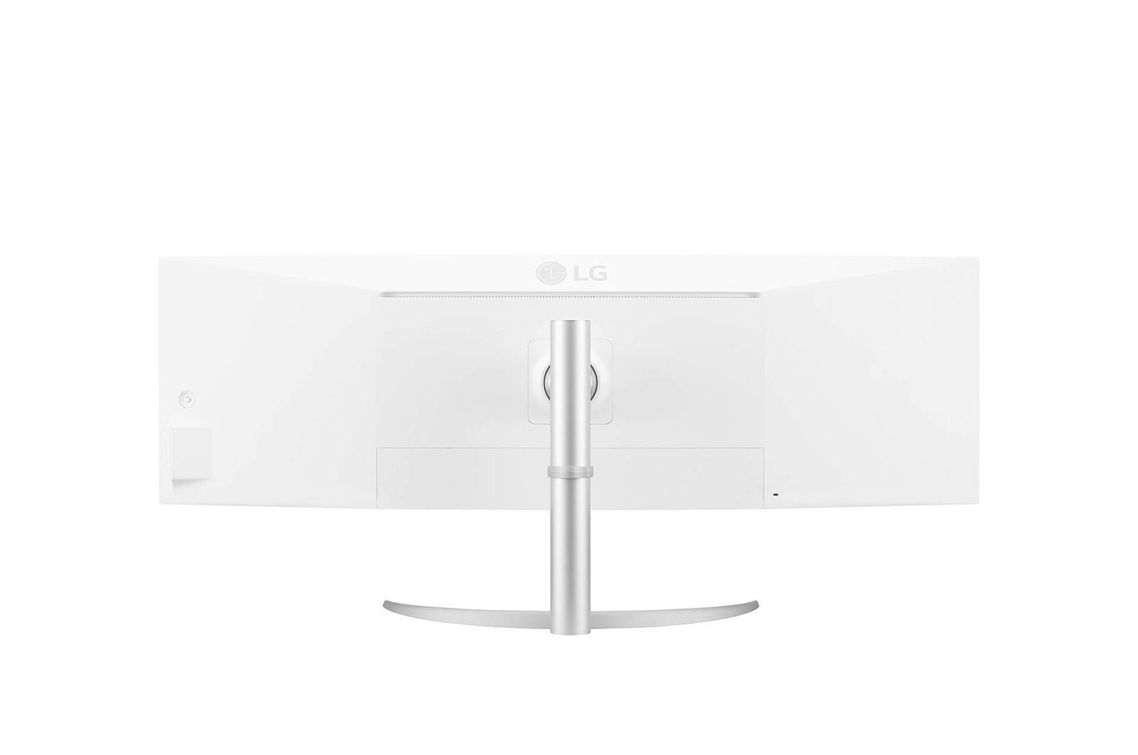 Witte ultra-brede LG-monitor met gebogen scherm en stijlvolle, slanke standaard, gezien vanaf de achterkant.