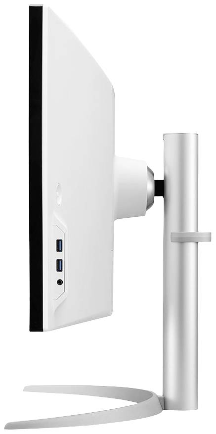 Platte computerscherm in zijaanzicht, toont een slanke, moderne vormgeving met zichtbare aansluitpoorten aan de achterkant.