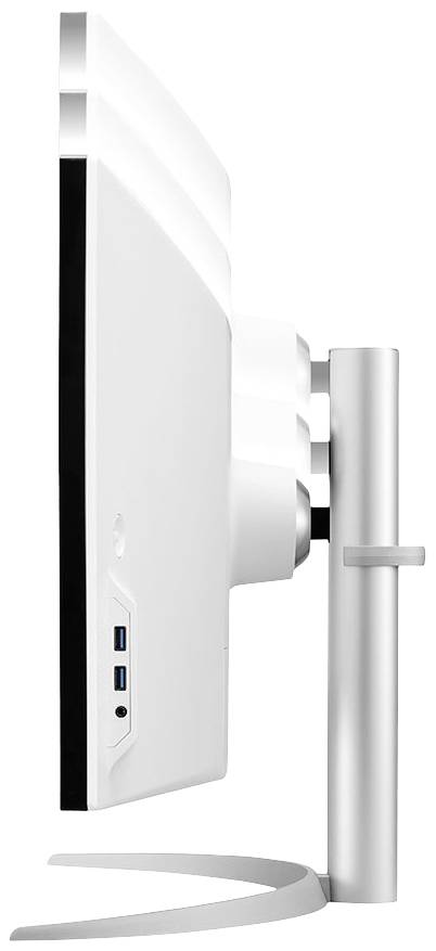 Een witte computerscherm in profiel toont zijn slanke rand en twee USB-poorten aan de linkerkant.