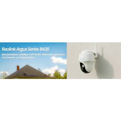 Bewakingscamera Reolink Argus Series B420 gemonteerd op buitenmuur, beschrijving: 'accugevoed, draadloos 3 MP WiFi-beveiligingscamera met pan- en tiltfunctie'.