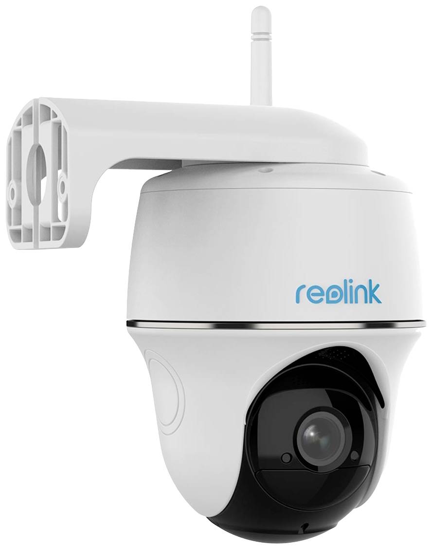 IP-camera met wandsteun en merklogo. Pan-tilt functie voor uitgebreide bewakingsopties. Kunststof behuizing.