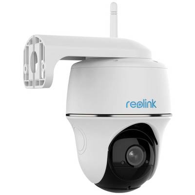 IP-camera met wandsteun en merklogo. Pan-tilt functie voor uitgebreide bewakingsopties. Kunststof behuizing.
