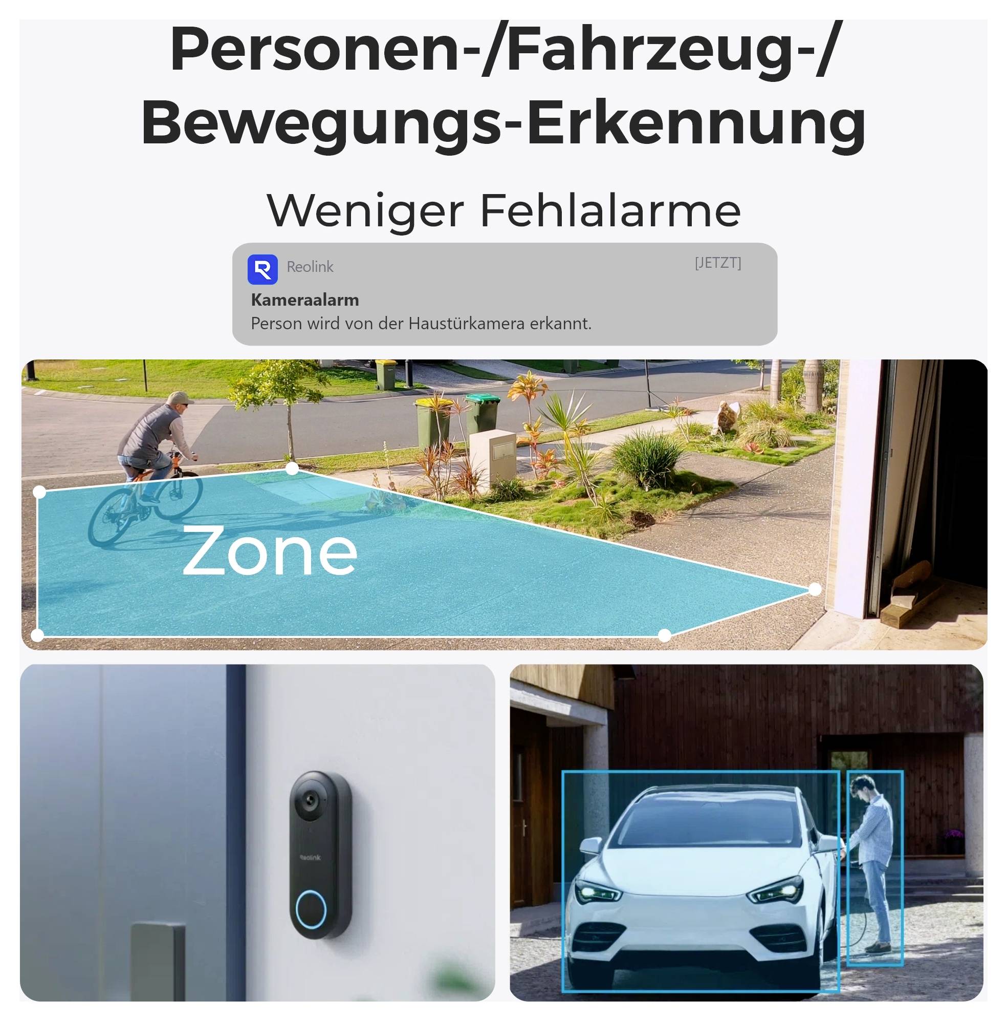 'Persoons-/Voertuig-/Bewegings-Detectie' poster die een camerasysteem illustreert dat een fietser en auto detecteert, met een meldingsalarm.