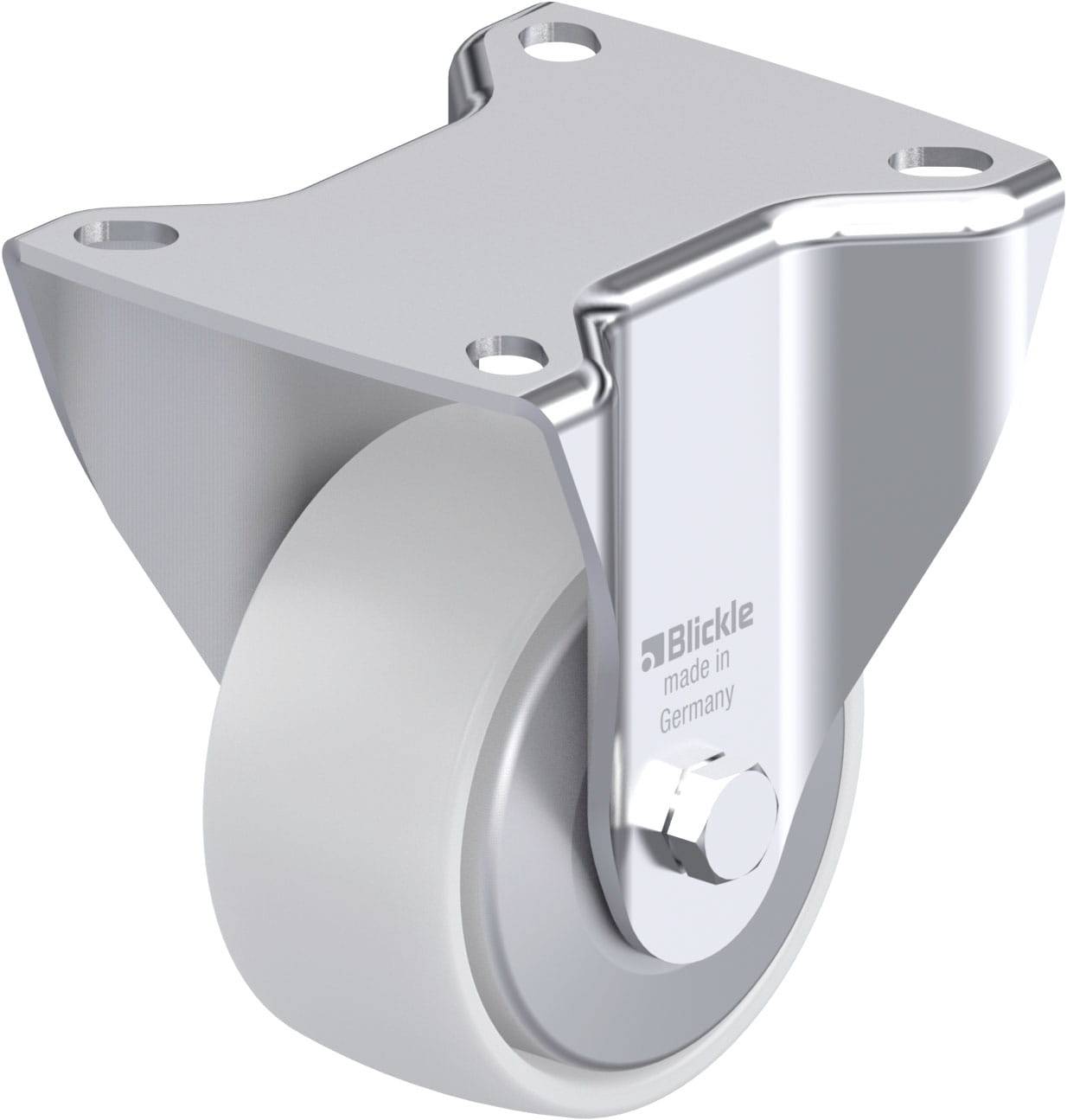 Metalen stuurwiel met grijze rubberen band. Opschrift 'Blickle made in Germany'.