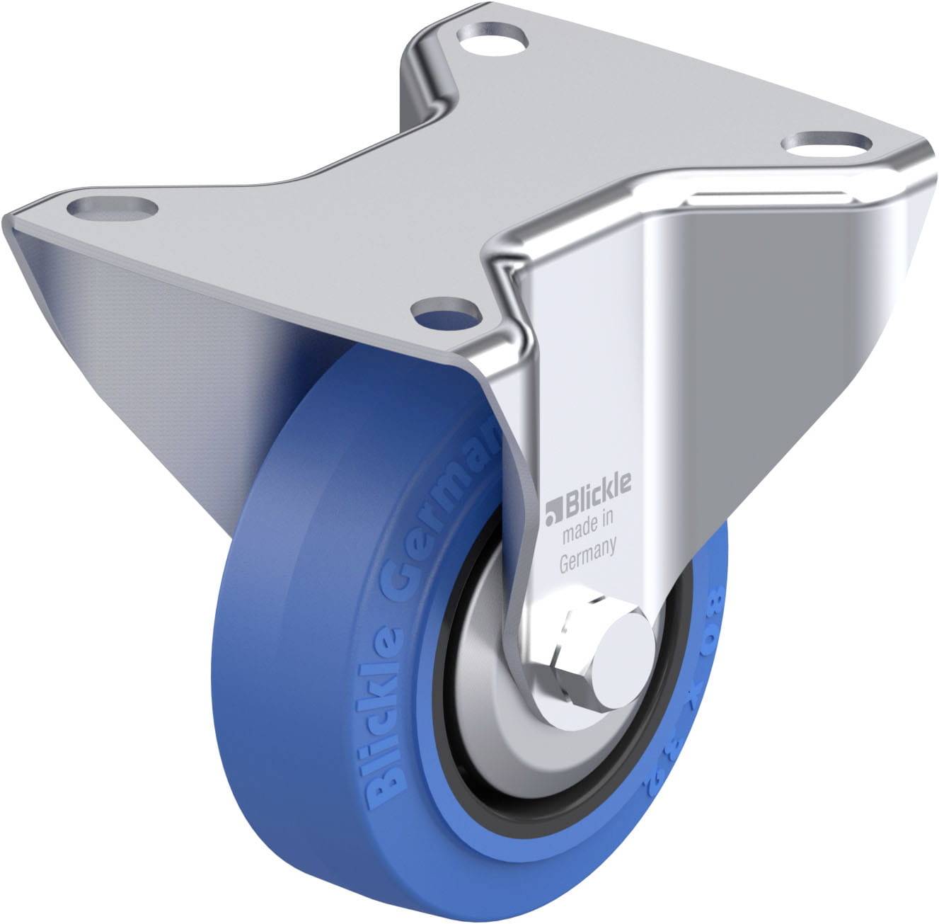 Blauw loopwiel met zilveren behuizing van 'Blickle', tekst 'made in Germany' zichtbaar op metalen onderdeel.