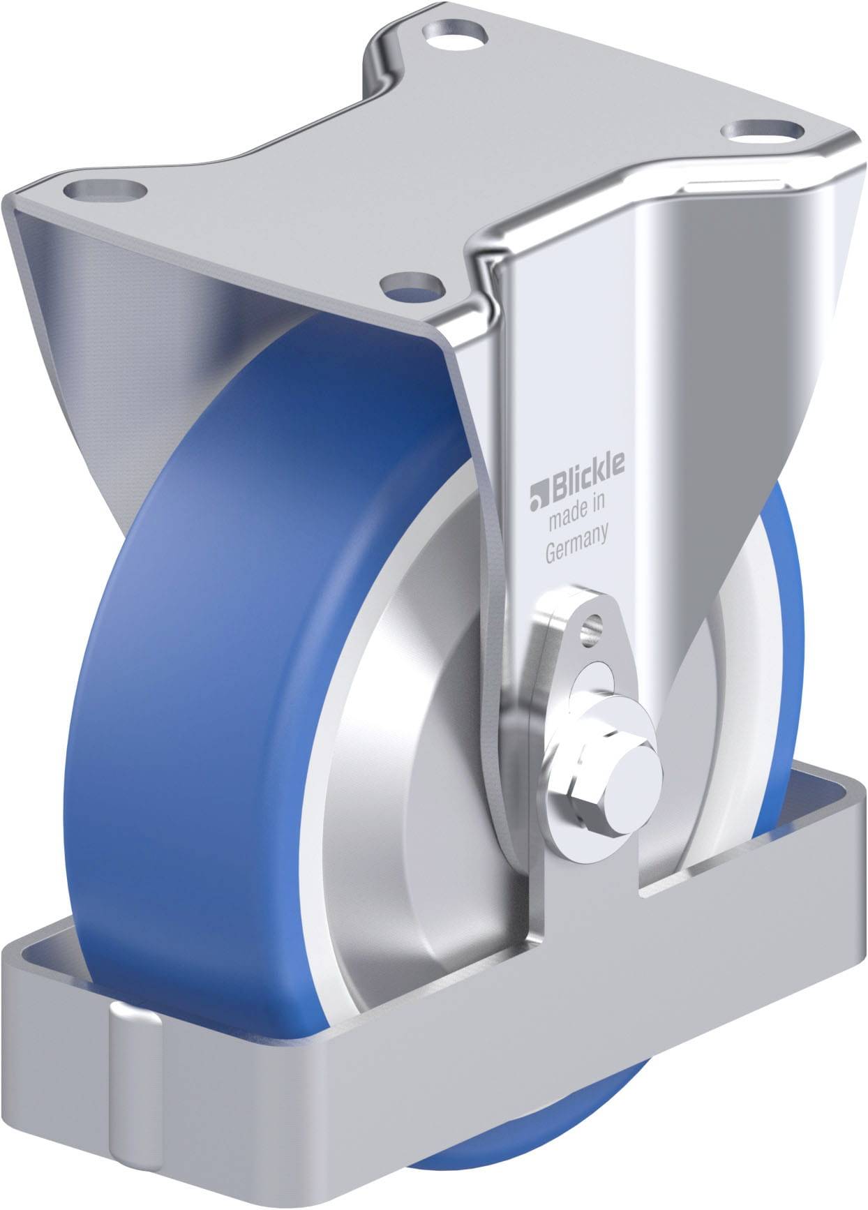 Metalen rol met blauw wiel, gemonteerd op zilveren steun. Tekst 'Blickle made in Germany' zichtbaar.