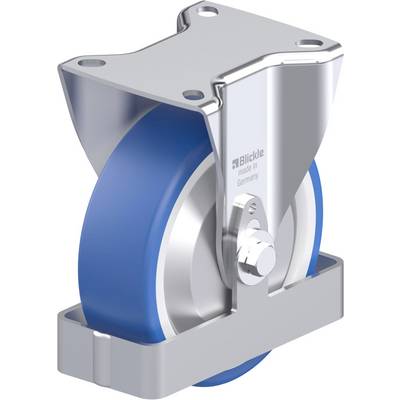 Metalen rol met blauw wiel, gemonteerd op zilveren steun. Tekst 'Blickle made in Germany' zichtbaar.