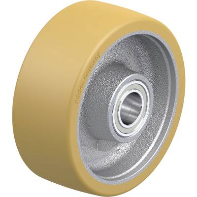 Oranje rol van polyurethaan met een zilveren binnenste metalen kern en kogellagers, vaak gebruikt voor industriële toepassingen.