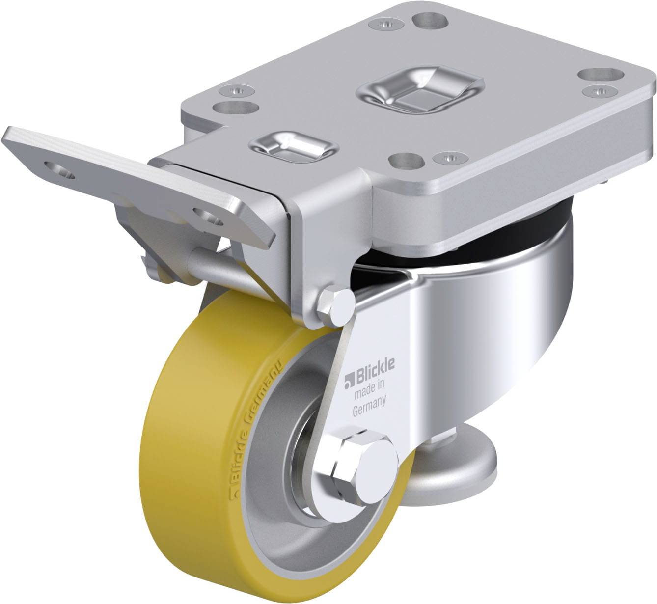 Zwenkwiel met geel wiel en behuizing in grijs, geschikt voor montage aan meubilair of transportapparatuur.