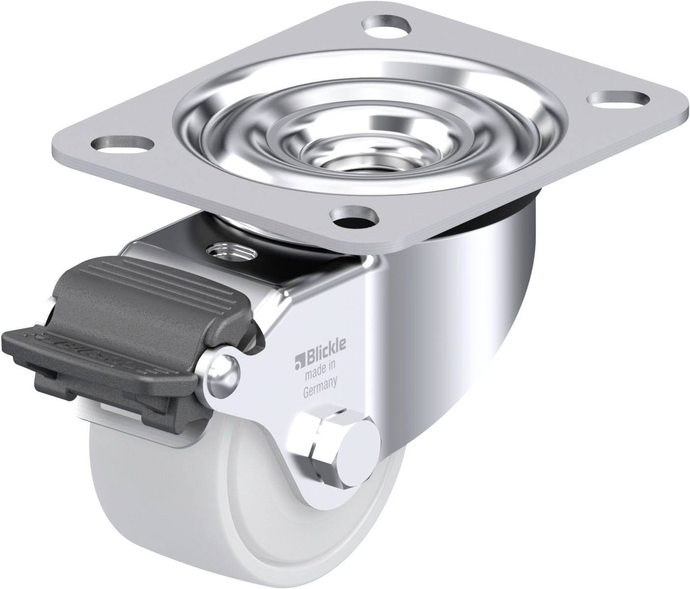 Metalen zwenkwiel met grijze rubberen band en zijdelingse remvoorziening, geschikt voor industriële toepassingen.