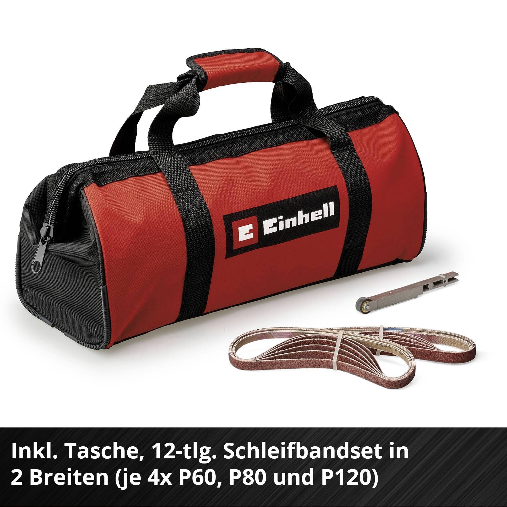 Rode gereedschapstas met Einhell-logo, bevat een schuurbandenset in twee breedtes en verschillende korrelgroottes (P60, P80, P120) evenals gereedschap.