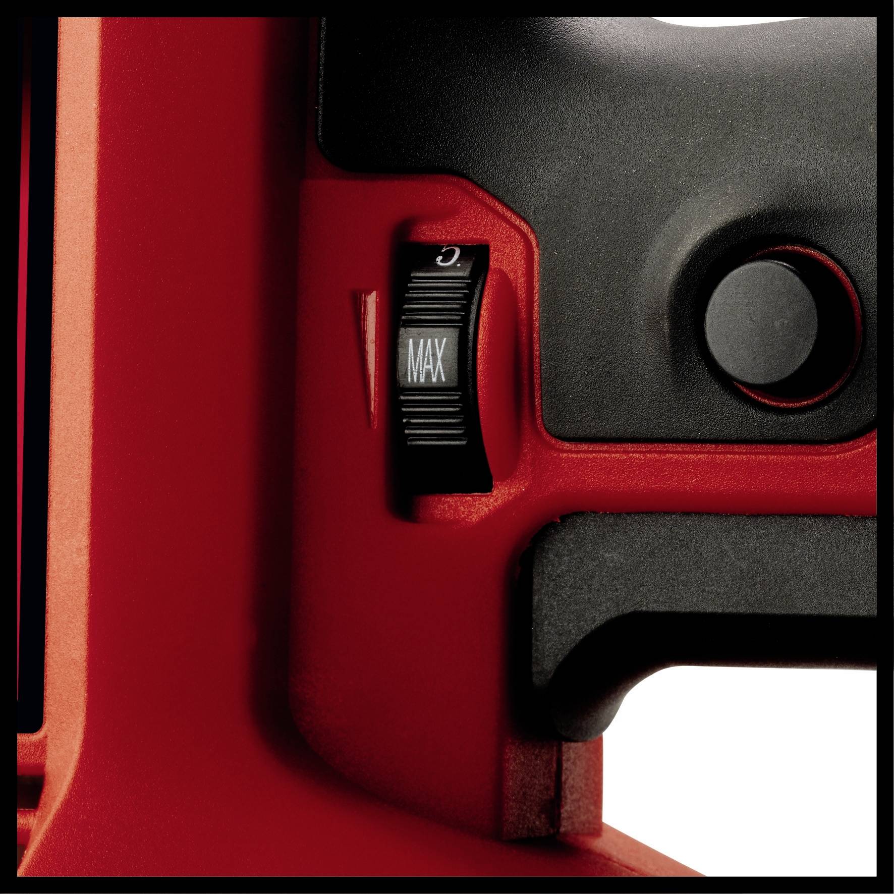 Close-up van een rood apparaat met een draaiknop die is ingesteld op 'MAX', naast een zwarte knop.