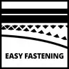 'Easy Fastening' Design, toont een grafisch patroon van diagonale driehoeken en parallelle lijnen boven een tekst met de naam.