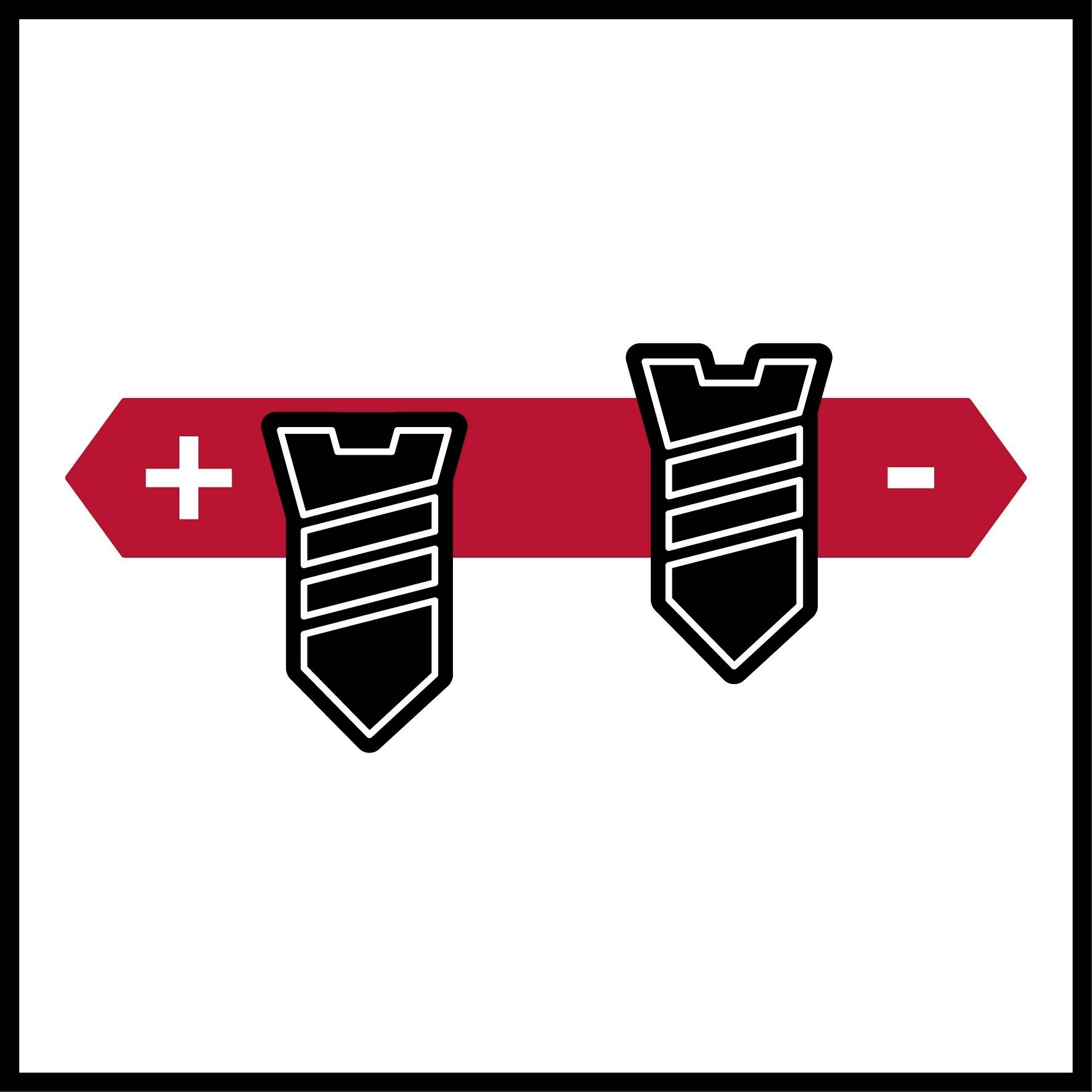 Pictogram toont twee knoppen met plus- en minsymbolen op een rode achtergrond.