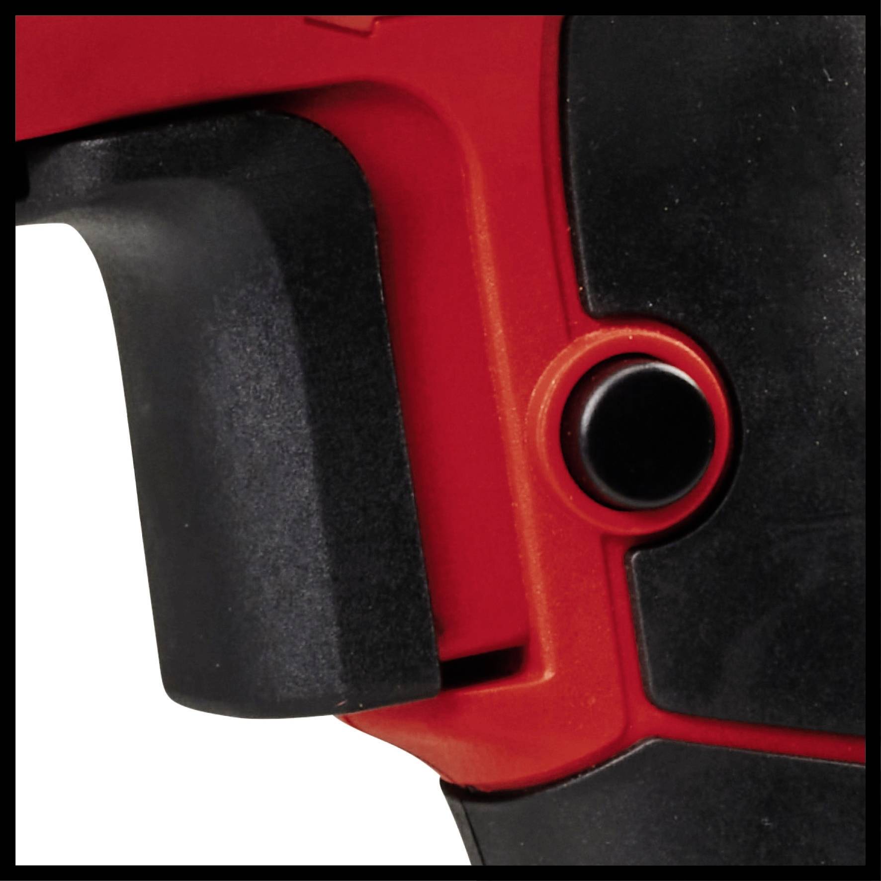 Close-up van een rood elektrisch gereedschap met een zwarte handgreep en een rode knop.