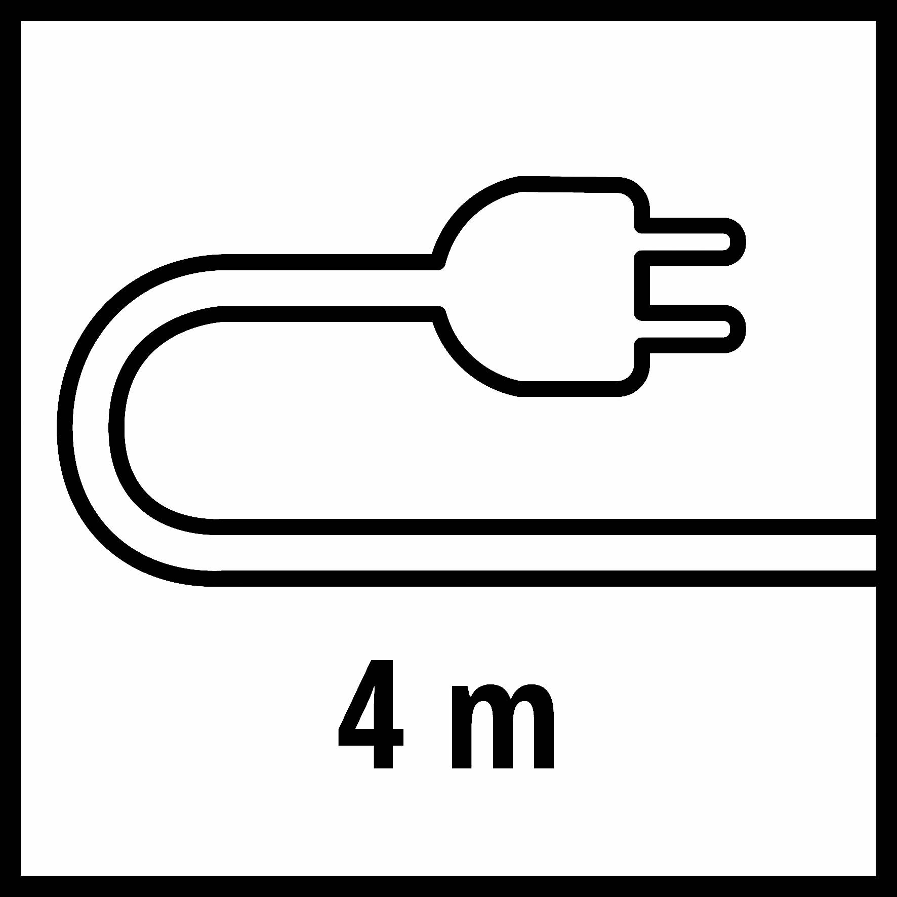 'Symbool van een kabel met stekker, daaronder de tekst 4 m, waarschijnlijk om de kabellengte van vier meter aan te geven.'