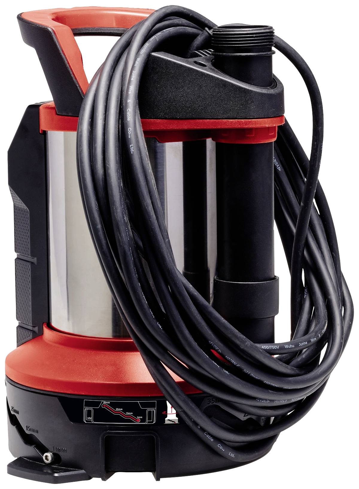 Duikpomp met rood-zwarte behuizing, omgeven door een zwart kabel. Geschikt voor het wegpompen van water in kelders of tuinen.