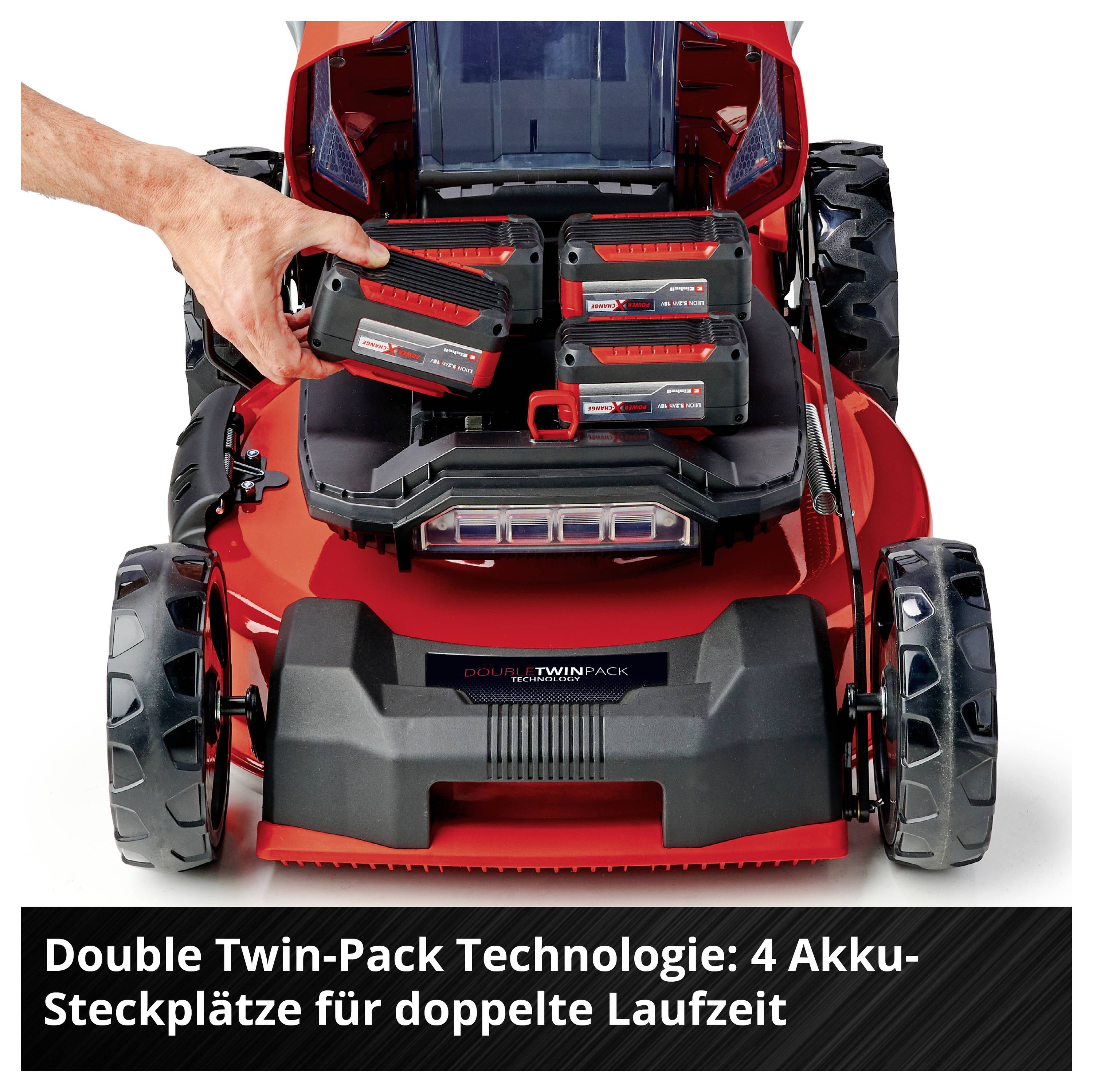 Accugrasmaaier met vier accustekplaten; één hand plaatst een accu. Opmerking: 'Double Twin-Pack-technologie: 4 accustekplaten voor dubbele looptijd'.