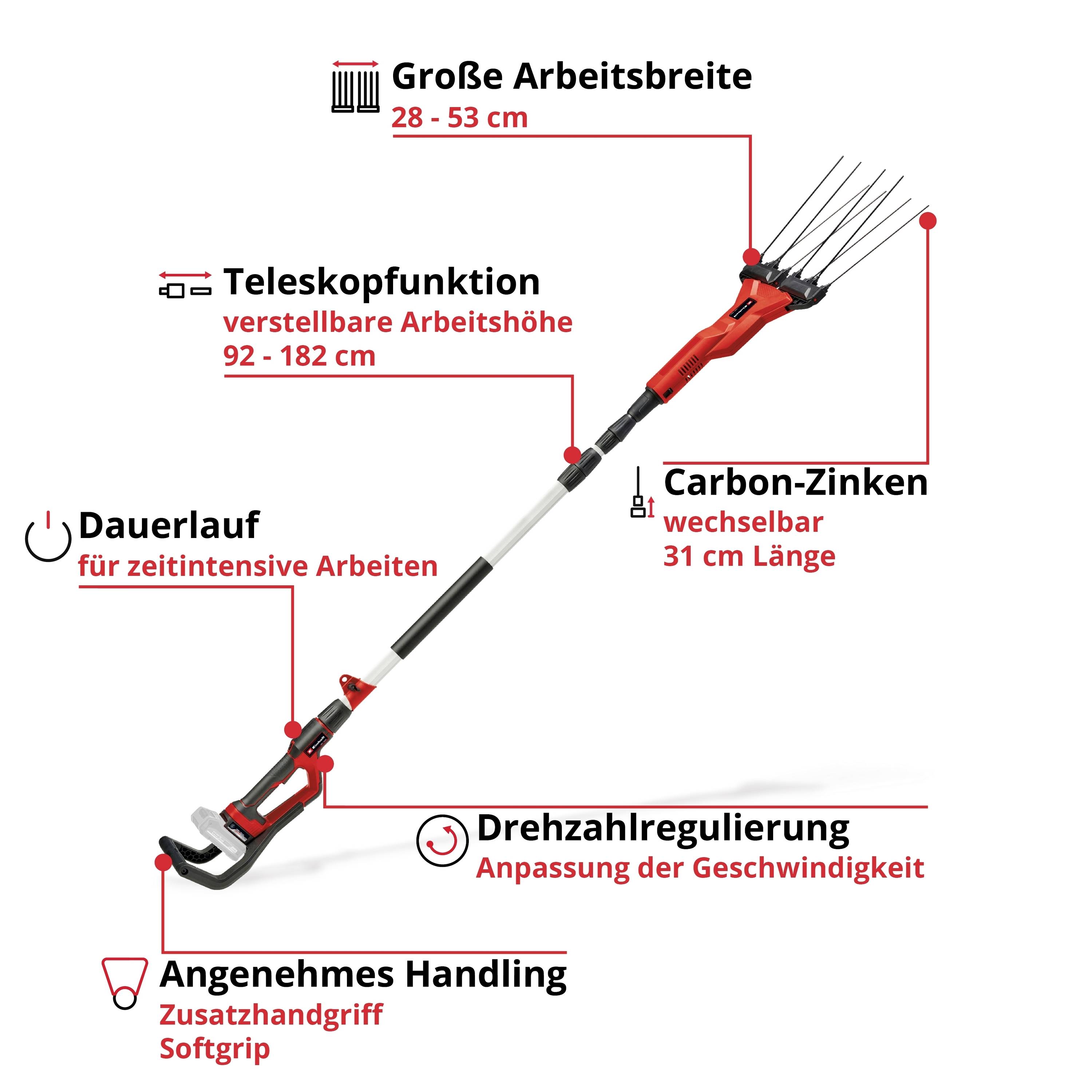'Elektrisch telescoopapparaat met koolstofstangen, instelbare werkbreedte (28-53 cm) en hoogte (92-182 cm), ergonomische handgreep en toerentalregeling.'