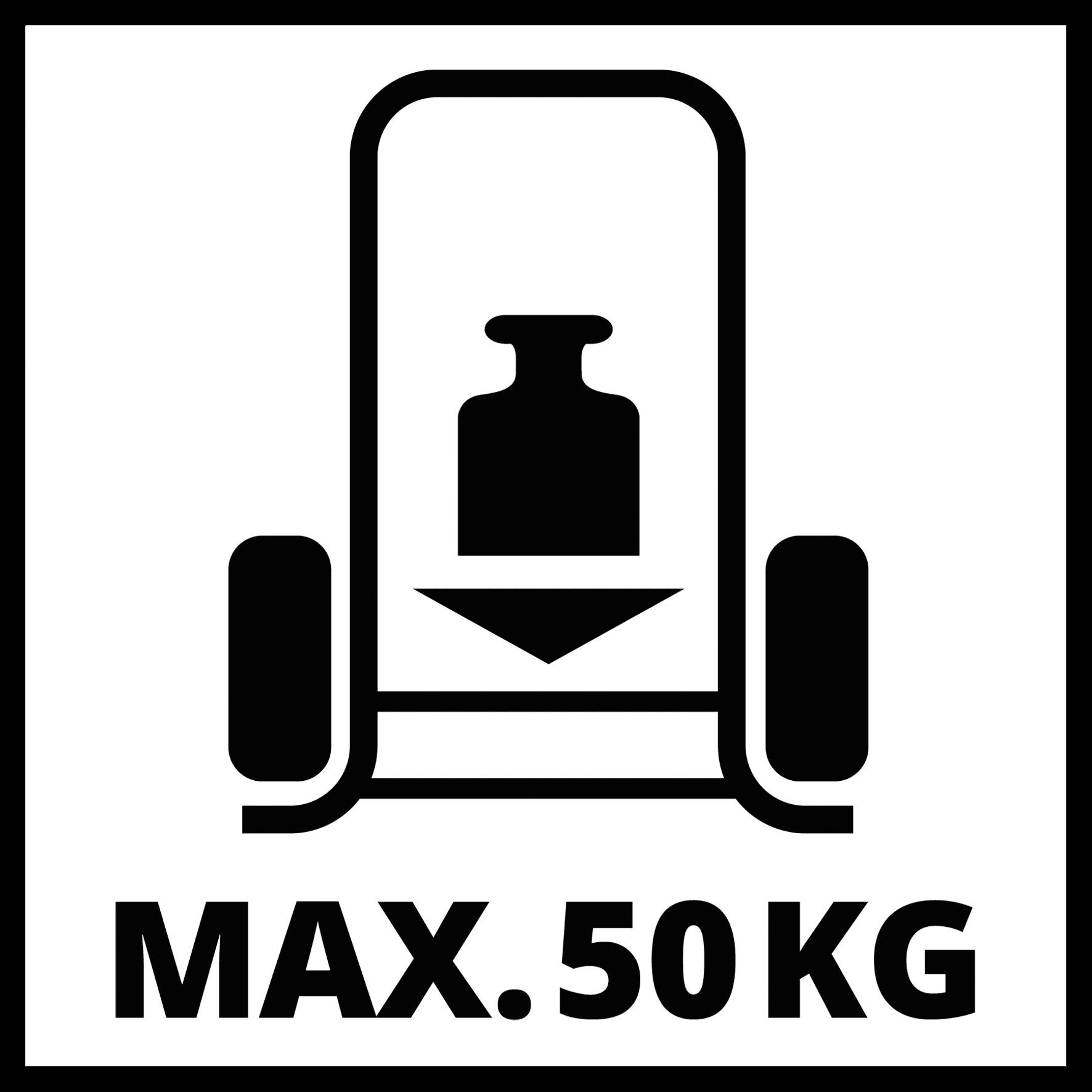 'Max. 50 kg gewichtsbeperking' staat op een bord met een symbool van een wagentje dat een gewicht weergeeft.