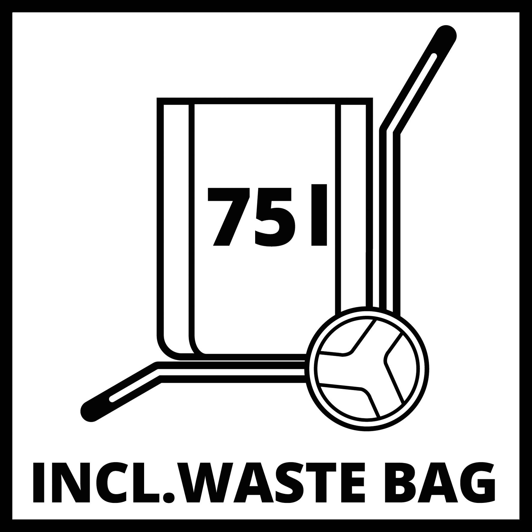 Symbolische afbeelding van een vuilniswagen met het nummer '751' en de tekst 'INCL. WASTE BAG' voor de inclusieve levering van vuilniszakken.