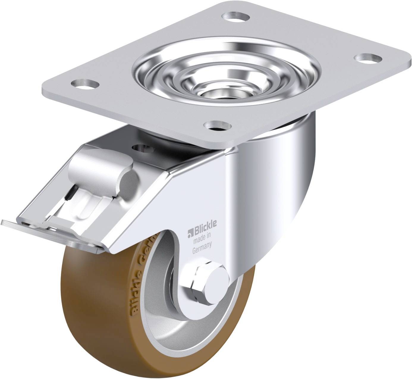 Industriële wielen met bruin rubberen loopvlak en zilveren metalen zwenkbevestiging voor zware lasten.