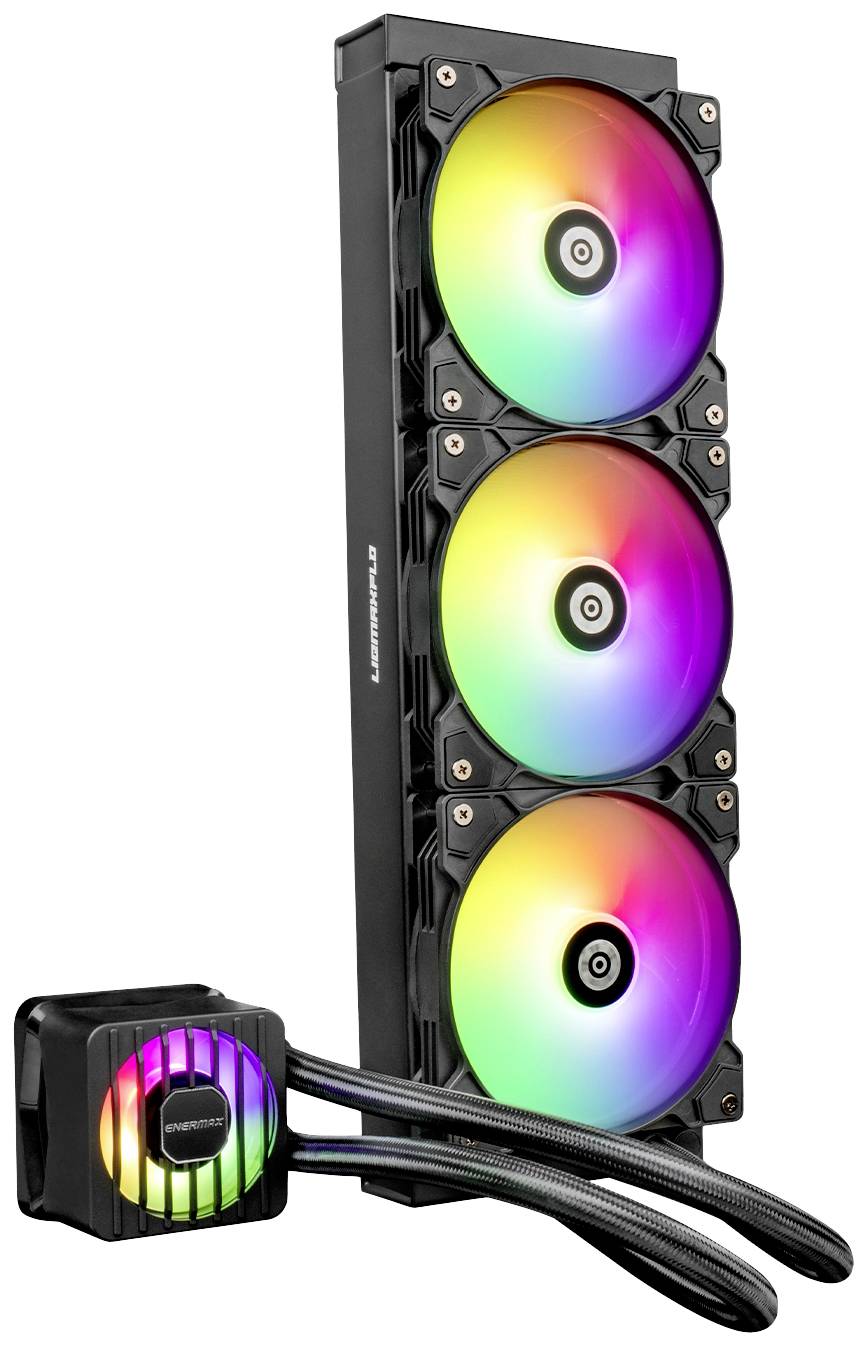 Een computerkoeler met drie RGB-verlichte ventilatoren, verbonden met een vierkante koelblok. Ideaal voor krachtige pc's.