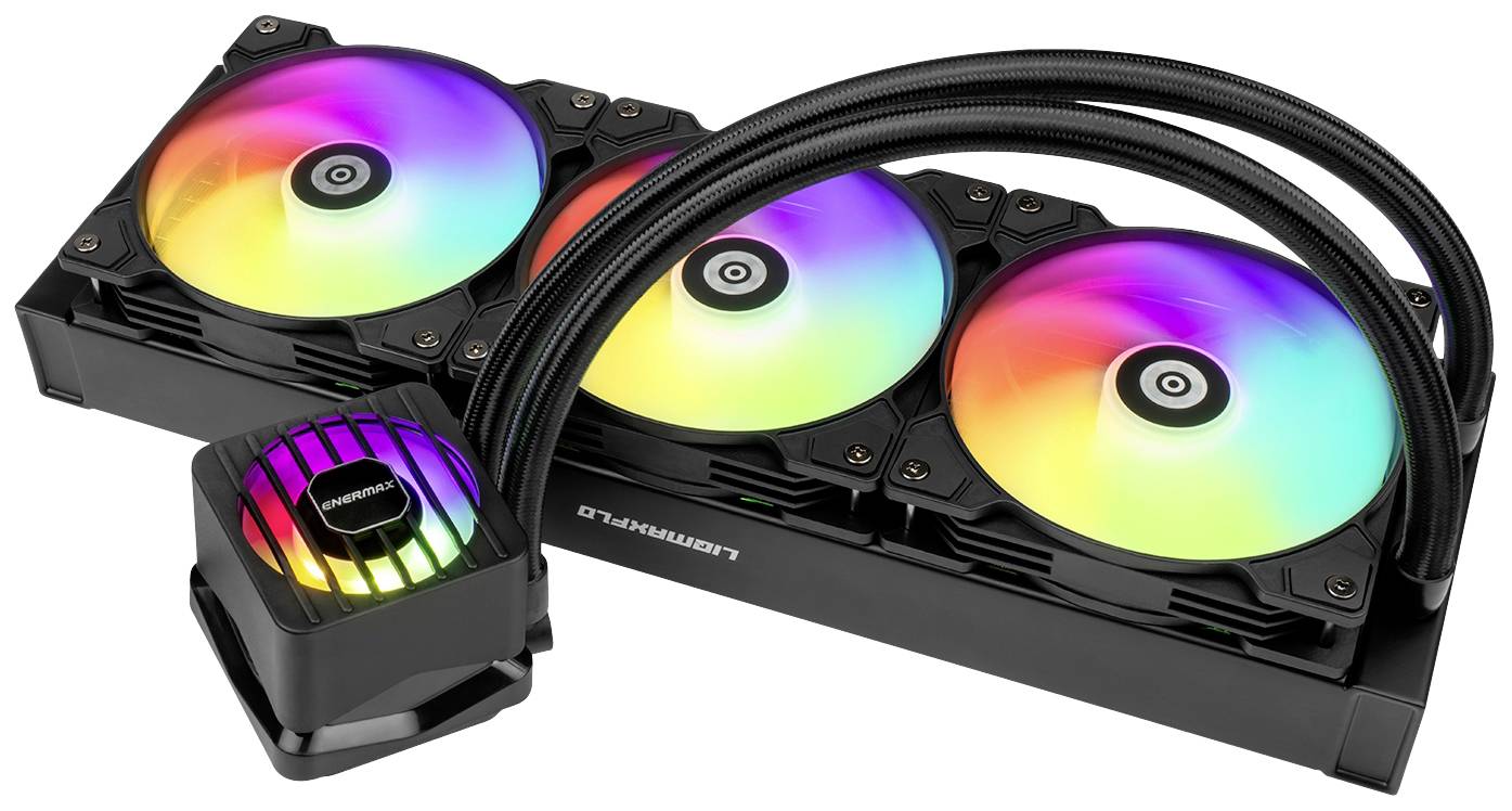 Computerkoelingssysteem met drie ronde, verlichte ventilatoren in regenboogkleuren, verbonden door zwarte slangen; merk 'Lian Li'.