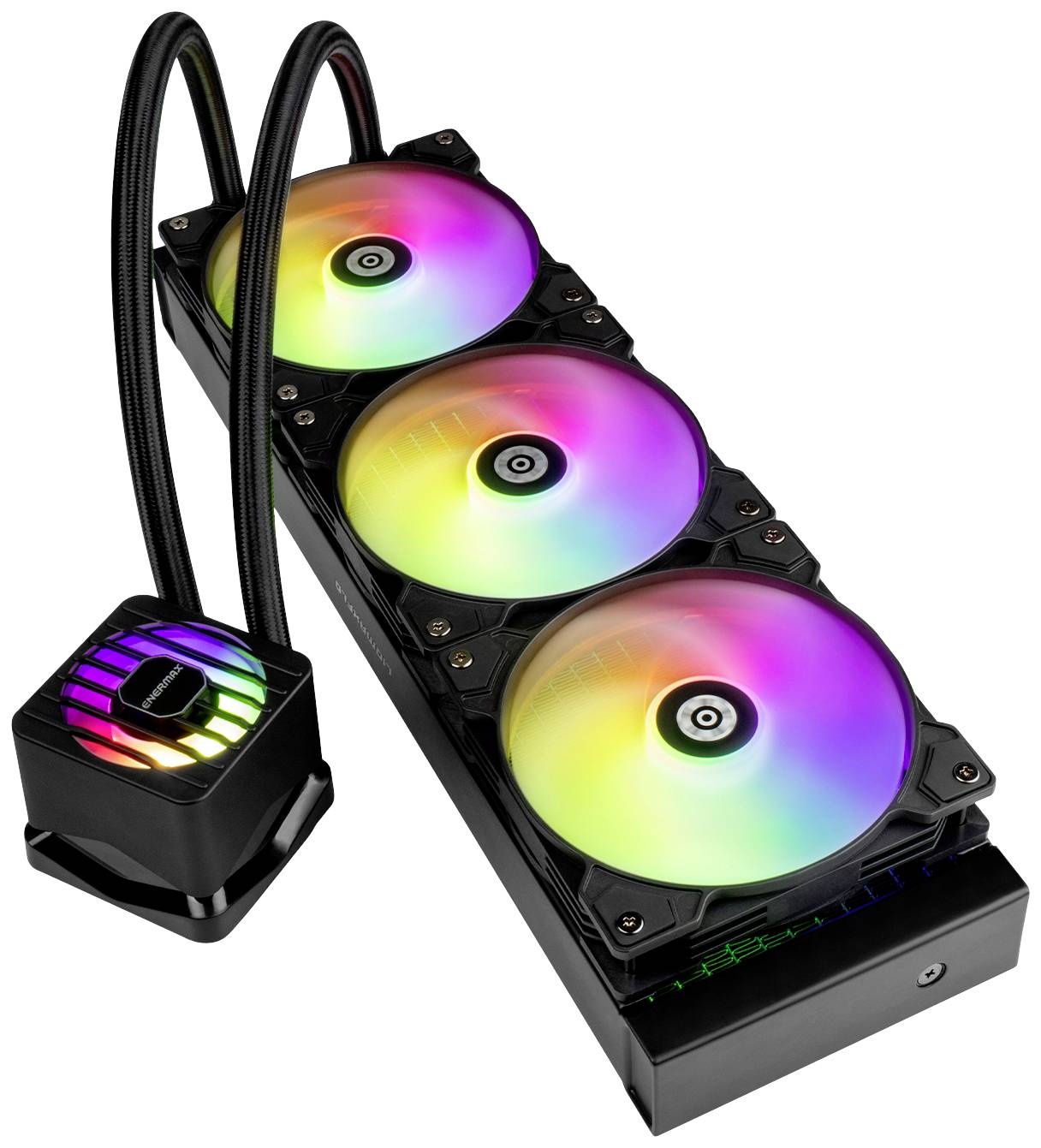 Drie kleurrijke RGB-ventilatoren in een compact koelsysteem, verbonden door slangen met een koelblok dat LED's in regenboogkleuren toont.
