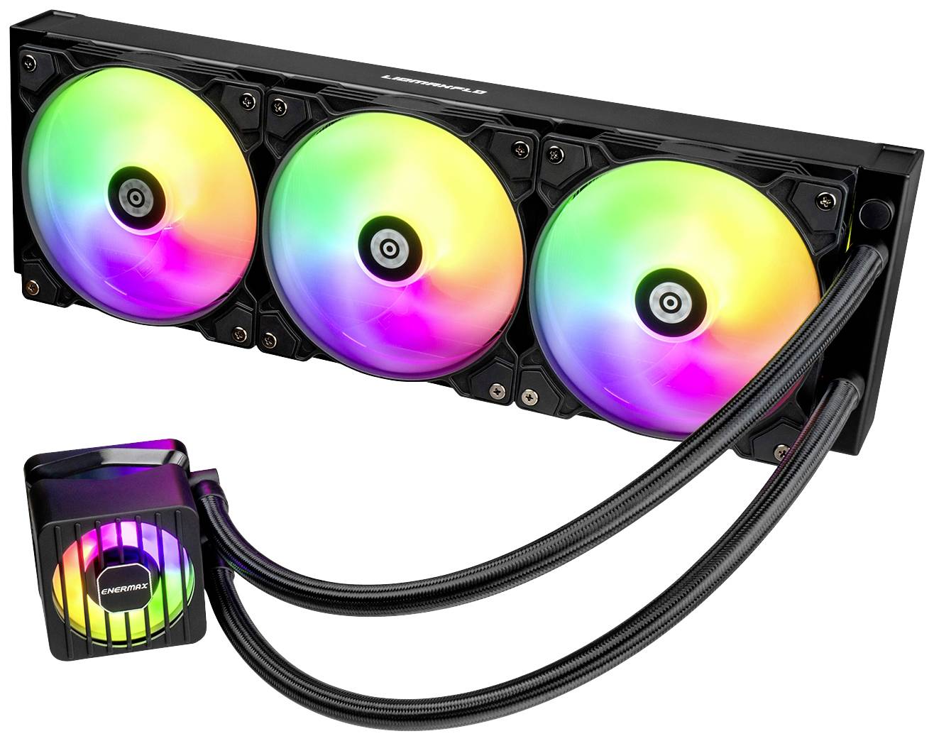 Een computer-waterkoelsysteem met drie RGB-verlichte ventilatoren en een koelblok met slangen voor warmteafvoer.