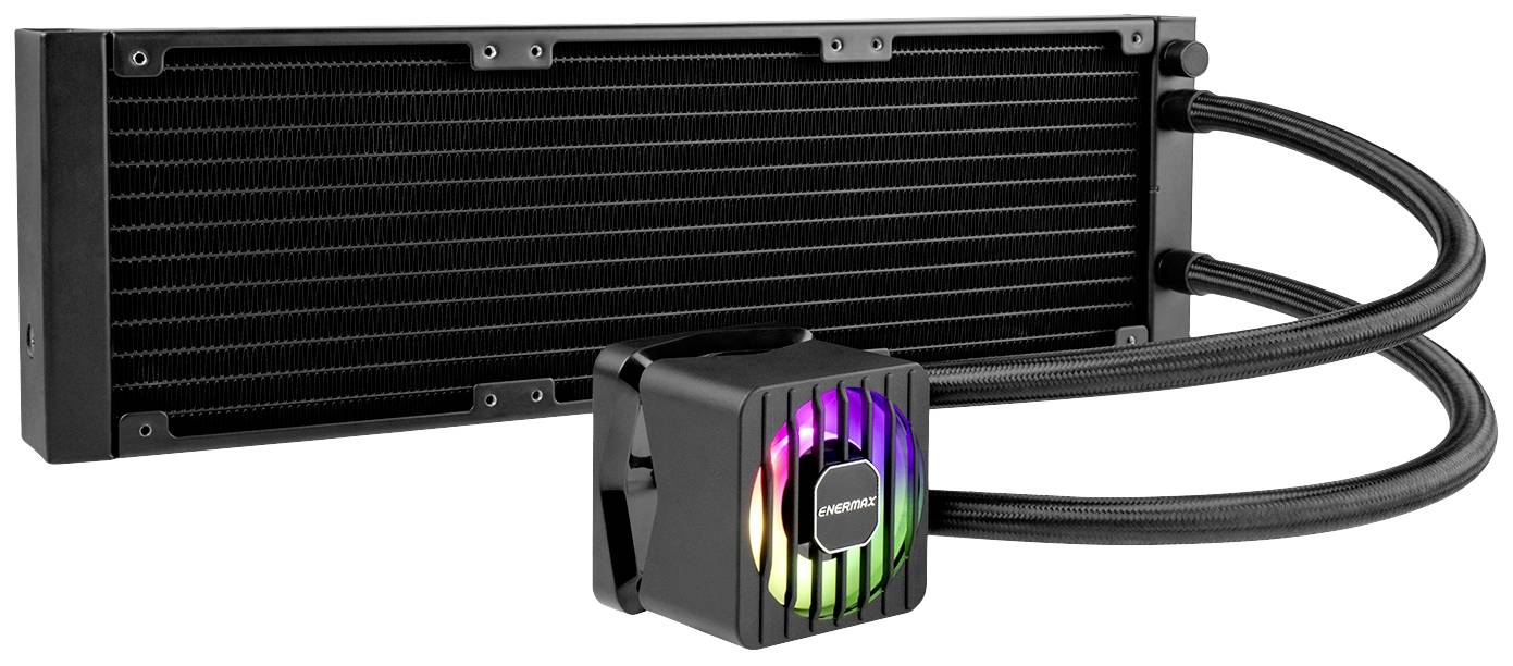 Vloeistofkoeler met RGB-verlichte pomp en zwarte radiator. Twee slangen verbinden de pomp met de radiator.