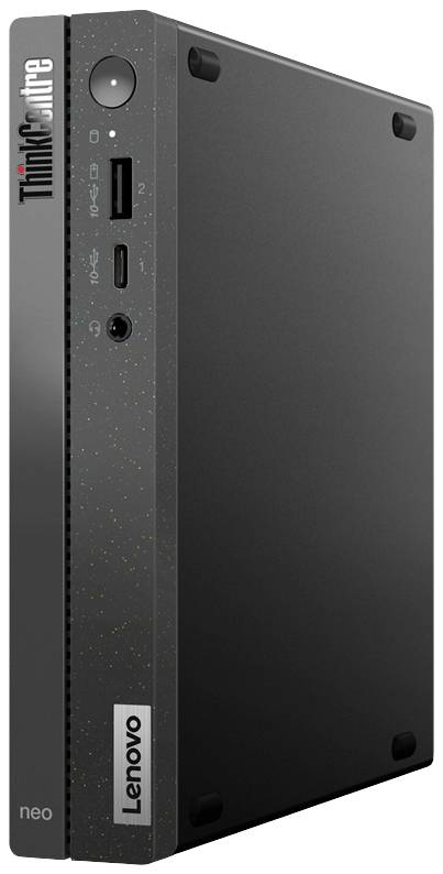 Een kleine, rechtopstaande computer van het merk Lenovo, model ThinkCentre Neo, in donkere kleur met meerdere aansluitingen aan de voorkant.