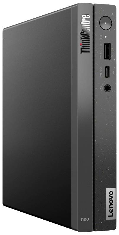 Een slanke Lenovo-desktopcomputer, model ThinkCentre, met aansluit- en bedieningselementen aan de voorkant. Geschikt voor kantooromgevingen.
