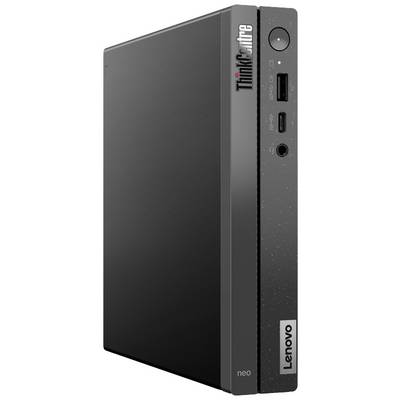 Een slanke Lenovo-desktopcomputer, model ThinkCentre, met aansluit- en bedieningselementen aan de voorkant. Geschikt voor kantooromgevingen.