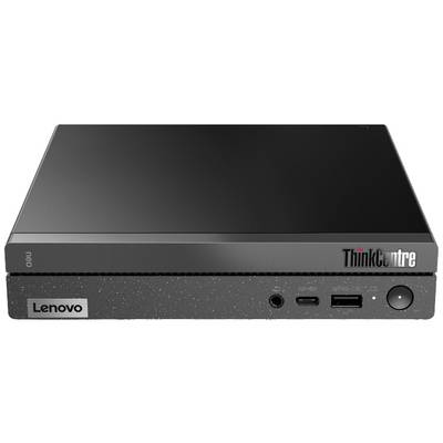 Een zwarte Lenovo ThinkCentre minicomputer met aansluitingen aan de voorkant. Ideaal voor kantoor- en thuistoepassingen.