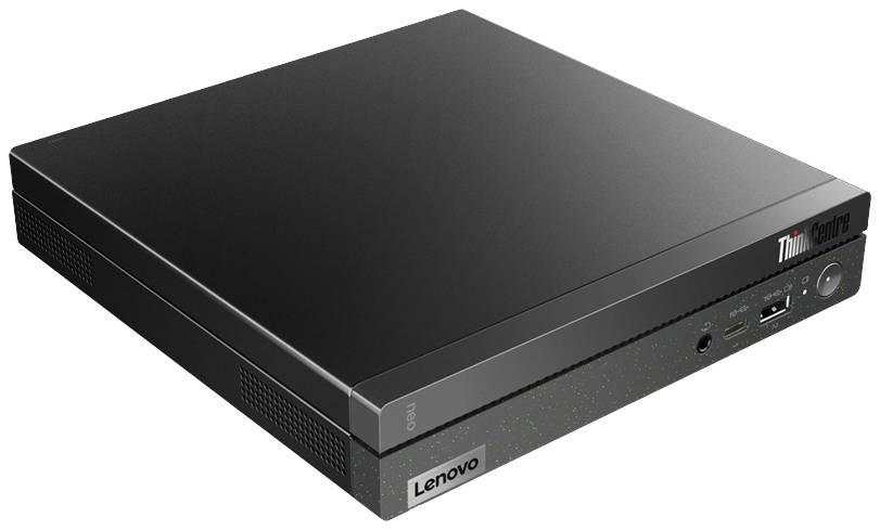 Een compacte Lenovo ThinkCentre Mini-desktop-computer in het zwart, geschikt voor kantoor- of thuiswerkplekken.