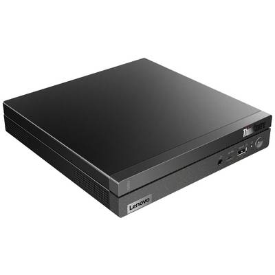 Een compacte Lenovo ThinkCentre Mini-desktop-computer in het zwart, geschikt voor kantoor- of thuiswerkplekken.