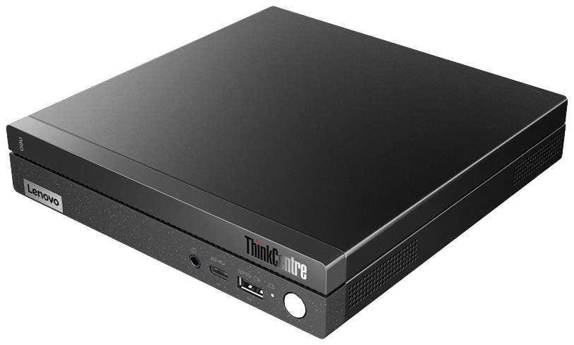 Een kleine, rechthoekige, zwarte Lenovo ThinkCentre desktopcomputer met meerdere aansluitingen aan de voorkant.