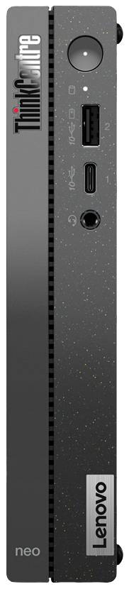 Mini-pc van Lenovo ThinkCentre Neo, vooraanzicht met zichtbare aansluitingen voor USB en audiokabel.