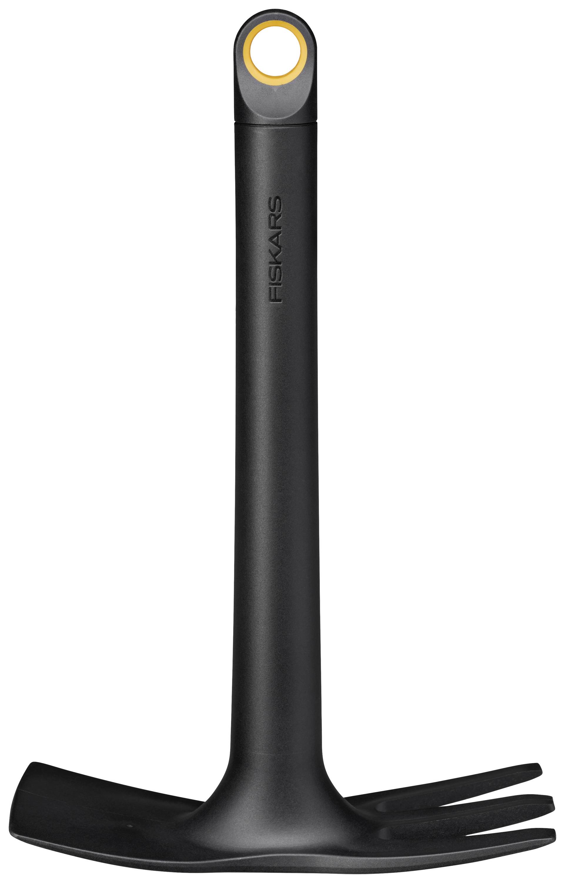 Een zwarte tuinhark met ergonomische handgreep en vier tanden, geschikt voor het losmaken van grond.