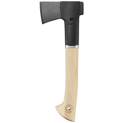 Een bijl met een lichte houten steel en een zwart blad.