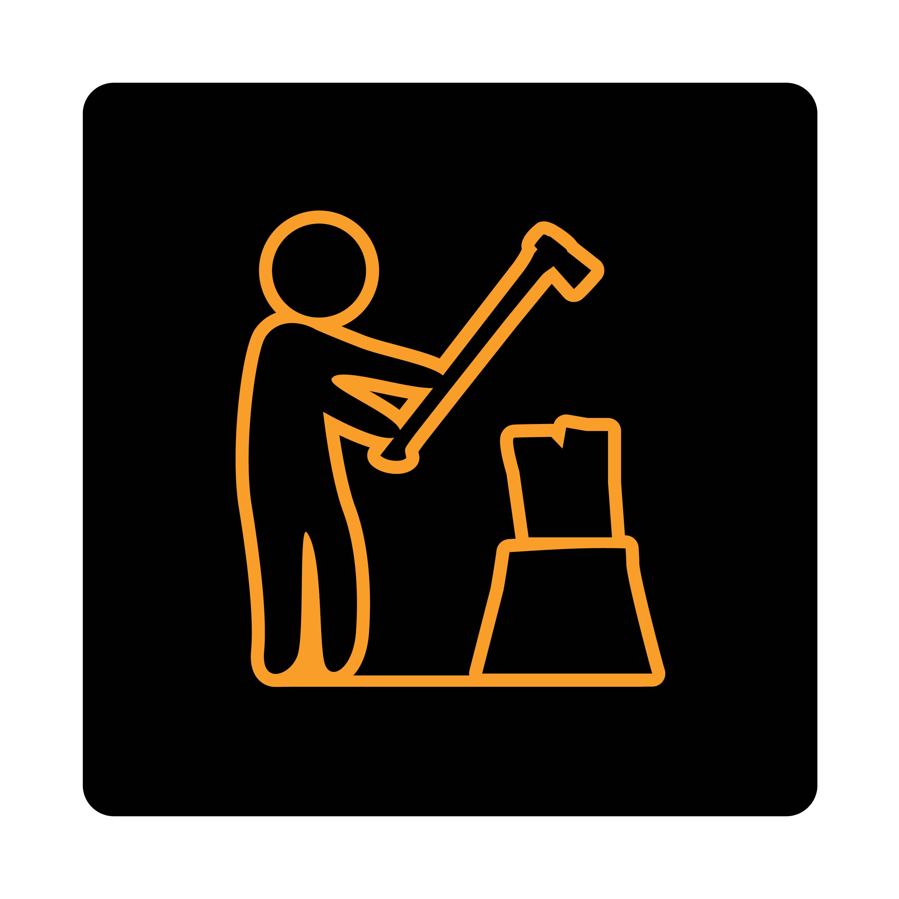 Pictogram: Persoon splijt hout met een bijl op een houtstronk.