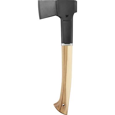 Een bijl met een zwarte kop en een houten steel, schuin naar rechts wijzend.
