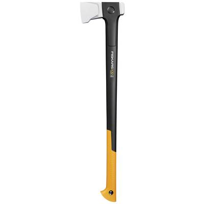 Een bijl met een zwarte steel en een oranje uiteinde, geschikt voor het kloven van hout.